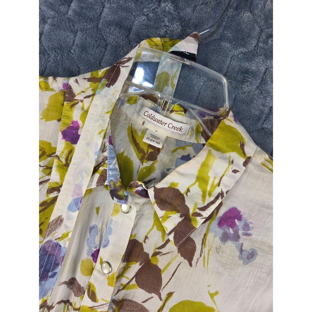 Coldwater Creek Floral Roll Tab Tunic Top White Green Purple Petite Large PL